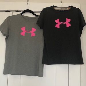 Two dark/light gray and pink Under Armour shirts